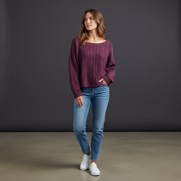 Hollister Sweaters - Hollister‎ Burgundy Cable Knit Distressed Sweater Loose Fit Women Size M L